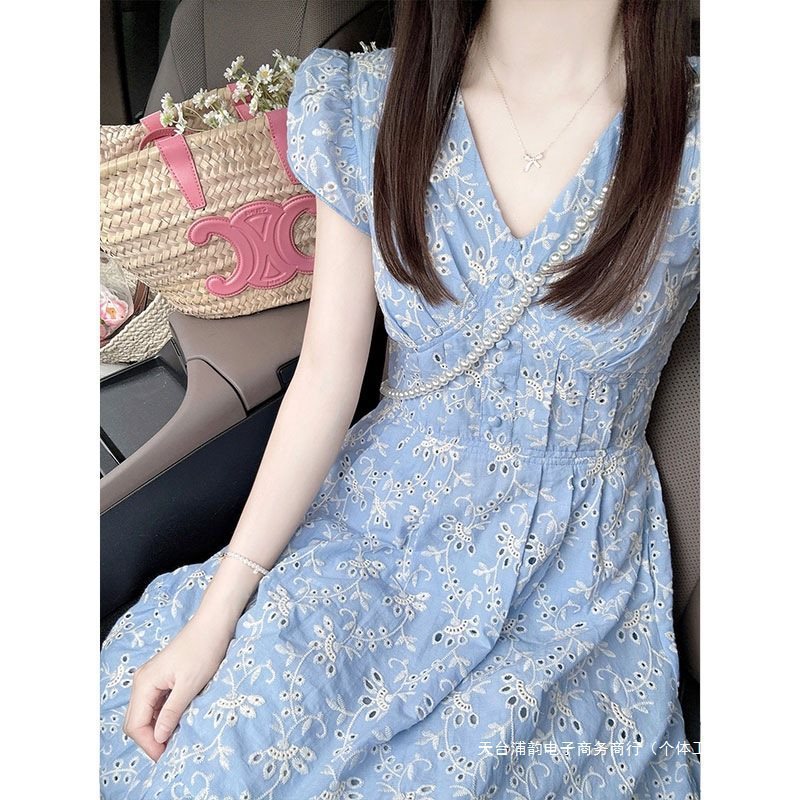 夏季法式温柔风气质蓝色桔梗领小飞袖连衣裙女小众收腰显瘦长裙|undefined