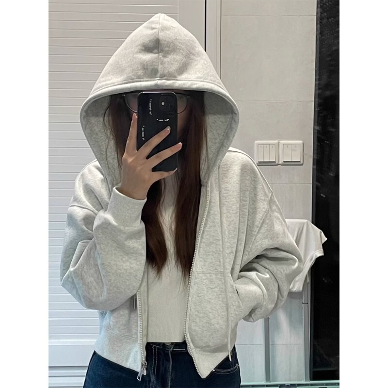 美式短款卫衣外套女春秋季2025新款连帽小个子早初秋天拉链开衫韩|undefined