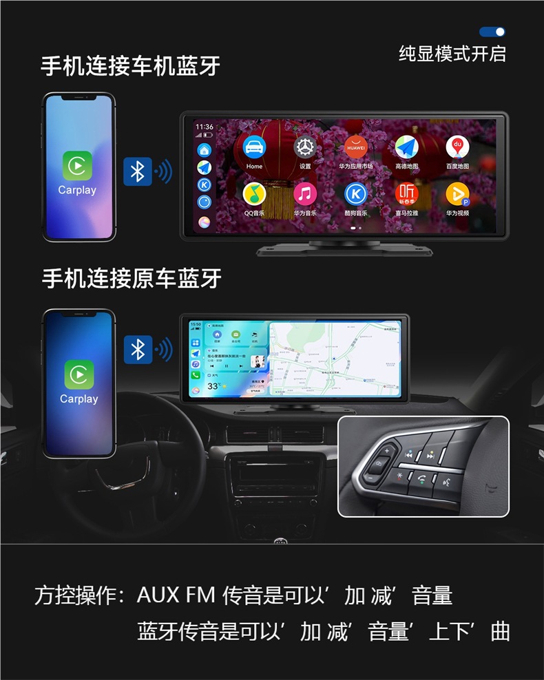 Wireless Carplay Portable Screen Car Dashboard Navigation System Hicar Smart Screen Driving Recorder All-In-One Device