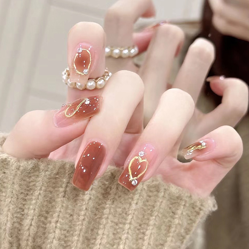 Ice transparent gradient brown gold foil love nail drill wear nail blush fake nail stickers Little Red Book hot new product