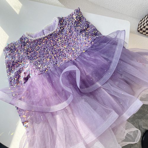 Children's clothing, non-fleece spring and autumn items, sparkling princess dress for girls, net chiffon puff birthday cake gift