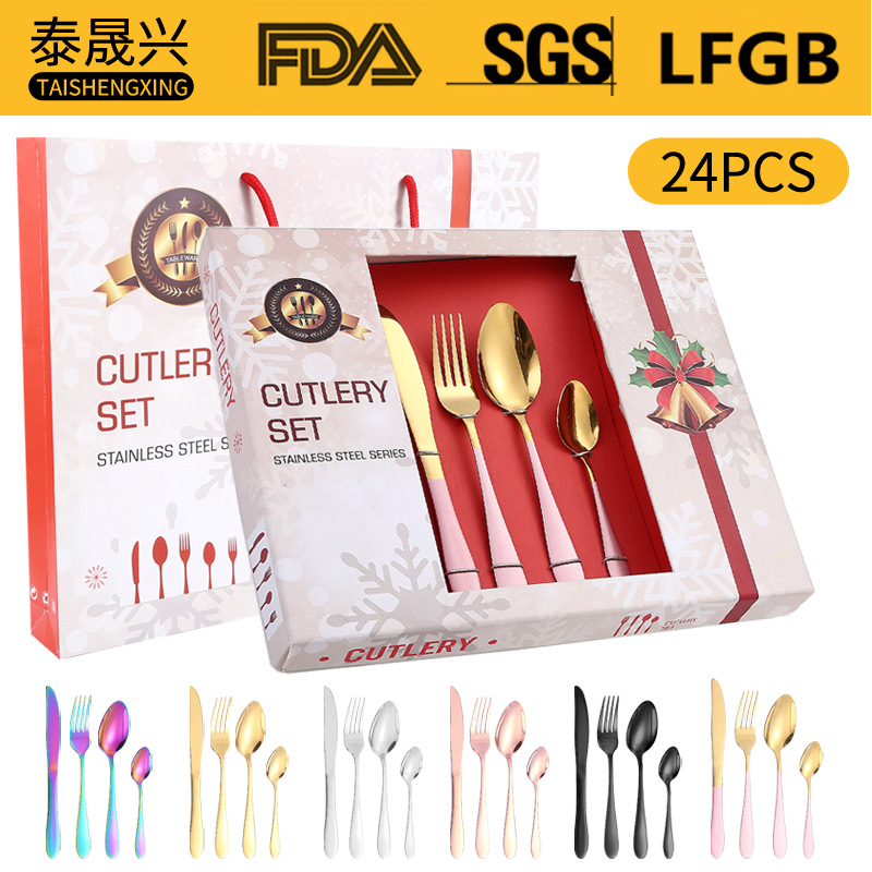 Amazon popular vajilla de acero inoxidable 24 piezas traje 1012 cuatro piezas principales cuchillo de comida occidental, tenedor y cuchara traje de caja de regalo de Navidad