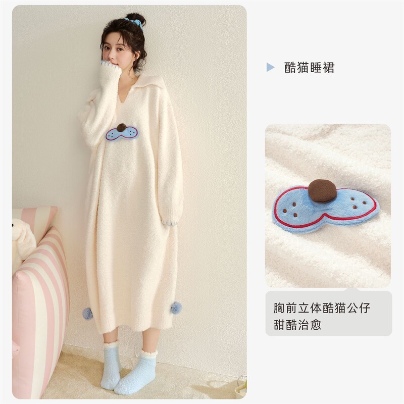 2026 Plus Size Women's Winter Warm Blue Cool Cat Long Dress One-Piece Sleepwear for Home