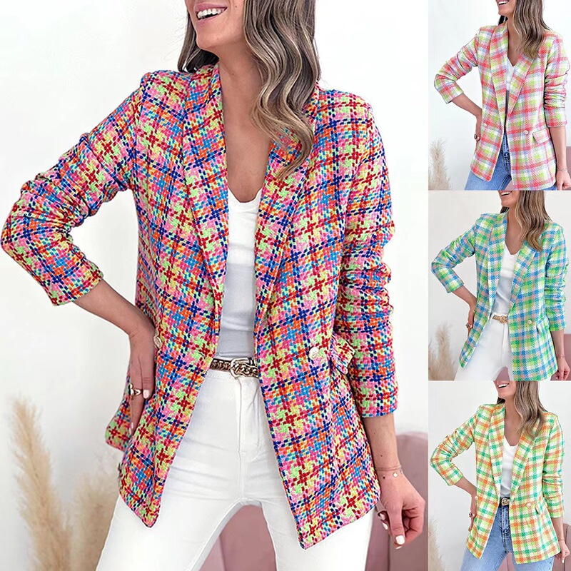 Autumn and Winter Independent Platform Wish Amazon Ebay Long-Sleeved Plaid Print Double-Breasted Lapel Slim-Fit Jacket