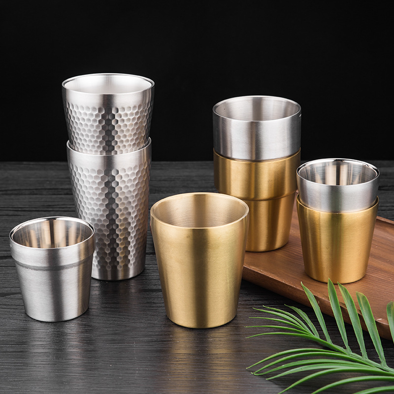 304 de acero inoxidable coreano martillado taza de cerveza de doble capa restaurante taza de té patrón de diamante dorado gárgaras boca recta taza de agua