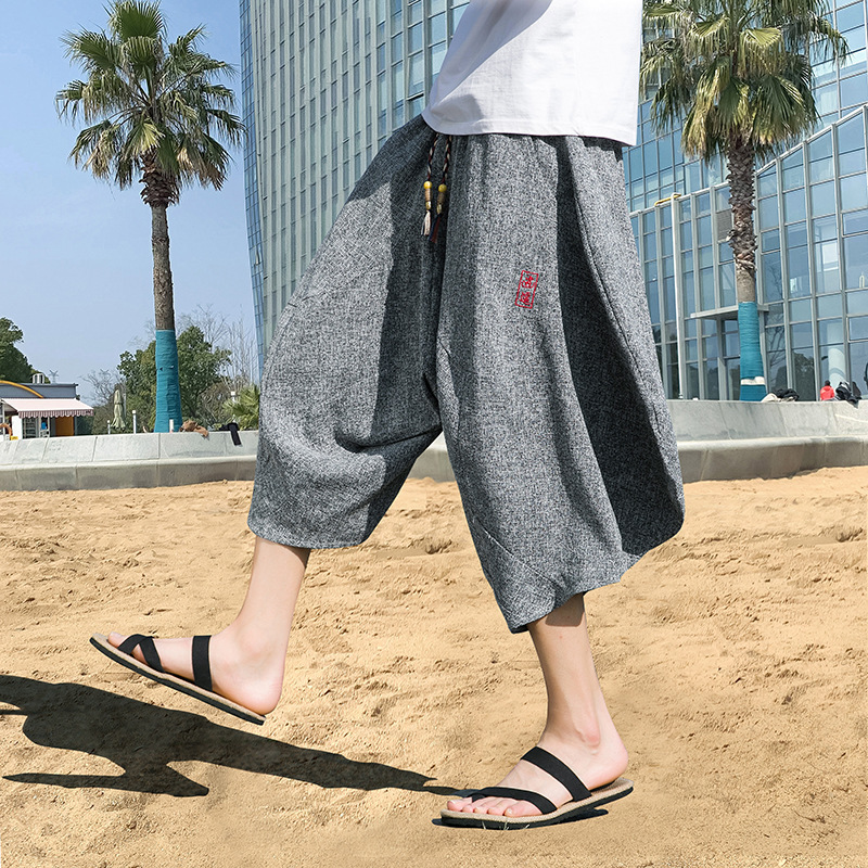2023 Summer Chinese Style Men's Fashionable Embroidered Capri Pants Japanese Style Large Size Distinctive Wide-leg Radish Bloomers