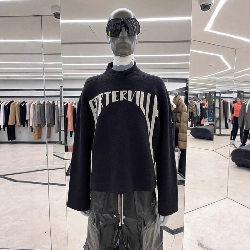 High Version Ro Style Heavy Round Neck Letter Jacquard Knitted Off-Shoulder Short Loose Dark Men's and Women's Autumn and Winter Sweaters High Version Ro Style Heavy Round Neck Letter Jacquard Knitted Off-Shoulder Short Loose Dark Men's and Women's Autumn and Winter Sweaters