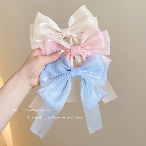 Mesh ribbon bow hairpin hairpin solid color bright silk fabric big bow spring clip cute girl hair accessories