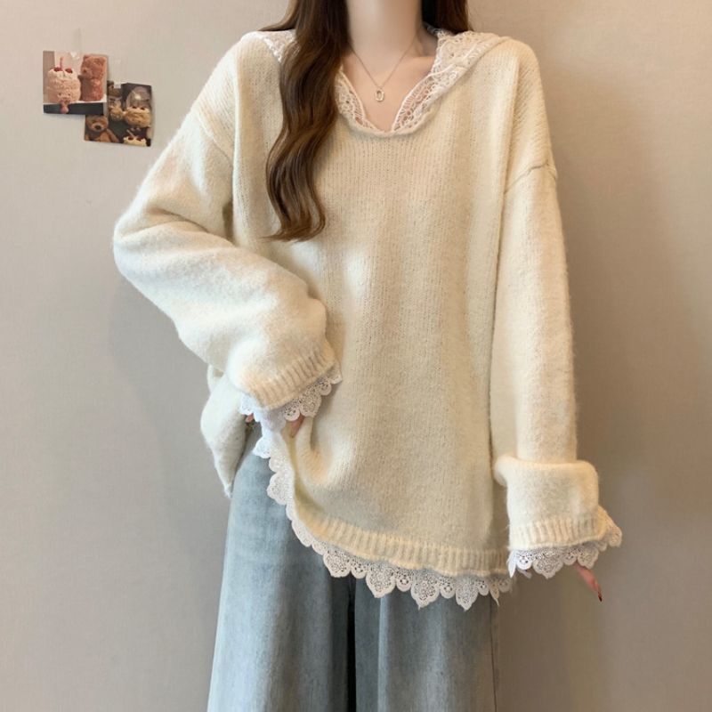 Lace Splicing Hooded Collar Sweater for Women Autumn and Winter Plus Size Fat New Style Loose Lazy Style Top Sweater