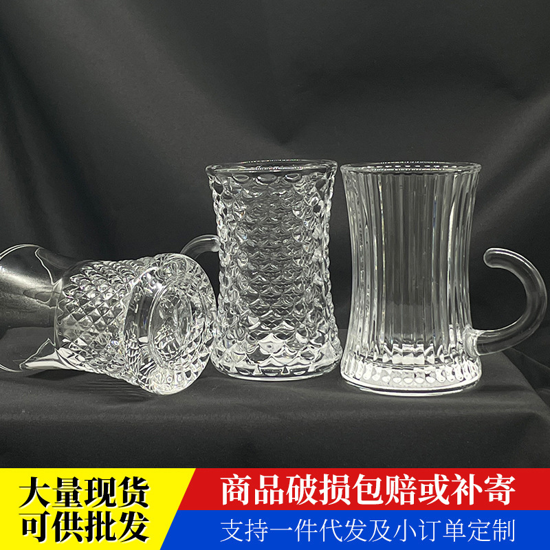 High Temperature Resistant Turkish Coffee Cup and Saucer Set for Cafe, Glass Tea Cup, Cold Brew Juice Cup with Handle, in Stock