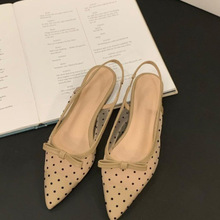 蝴蝶结包头凉鞋仙女鞋子2025年新款夏季网纱透气平底尖头时装单鞋