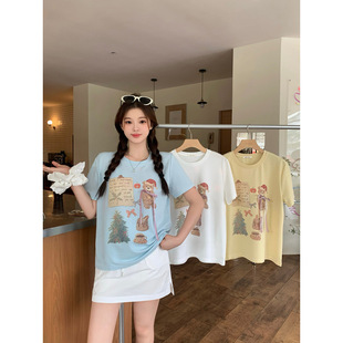 2025 Summer New chubby girl plus size Women's Korean-style Bear Printed Three-dimensional Bow Short-sleeved T-shirt