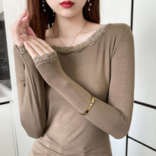 秋冬新款莫代尔蕾丝花边V领秋衣长袖大码打底衫女T恤低领女薄款