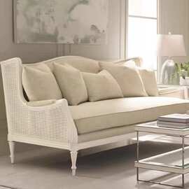 美式乡村实木单双三人沙发 法式复古做旧象牙白 编藤雕花摄影沙发