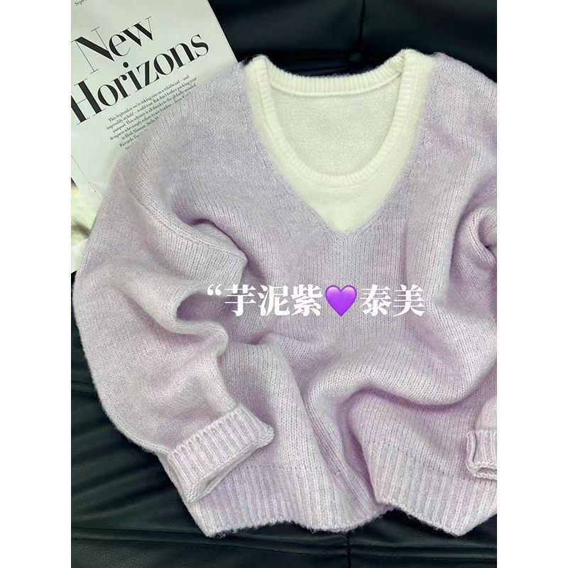 baby蓝软糯V领针织毛衣女秋冬宽松小个子打底上衣内搭叠穿两件套|undefined