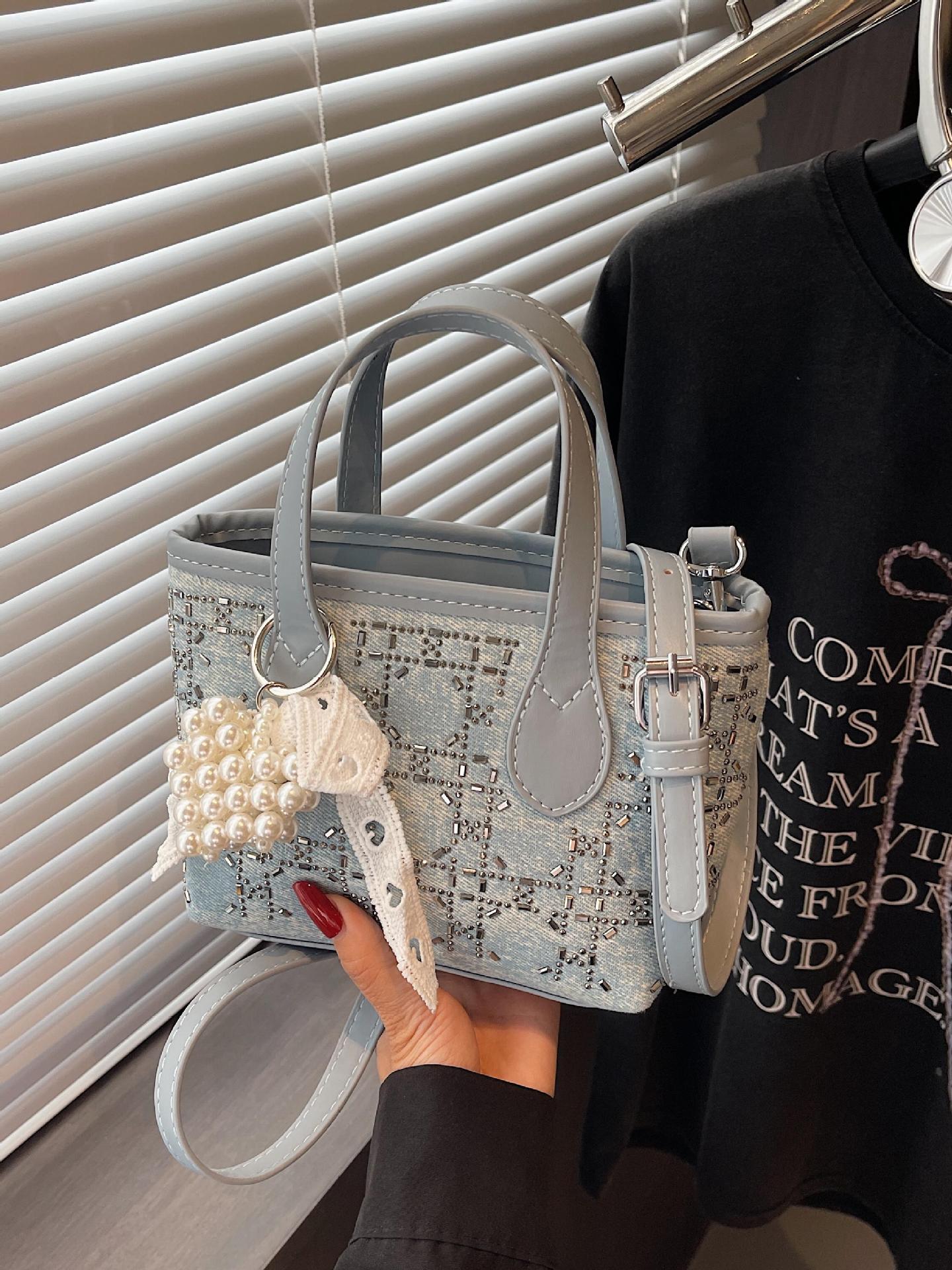 Bolsa de cubo de denim de verano de moda con diamantes para mujeres 2025 nueva moda extranjera versátil bolso de hombro