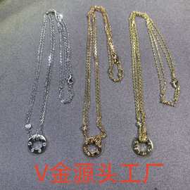 高版V金love系列项链厚镀18K 镶钻圆饼项链LOVE吊坠锁骨链厂家批