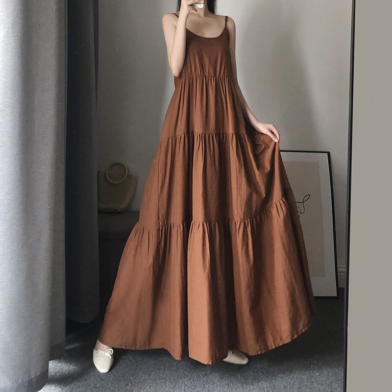 Maxi Skirt Ankle-Length Spaghetti Strap Dress for Women 2025 Spring Summer Loose Slimming Flared Dress Tiered Cake Dress