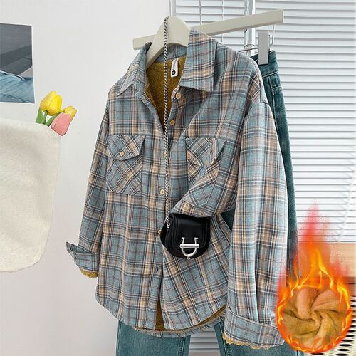 Autumn/Winter Long Sleeve Fleece Lined Thick Warm Plaid Casual New Women's Shirt Top Loose Mother's Dress Large Size Coat