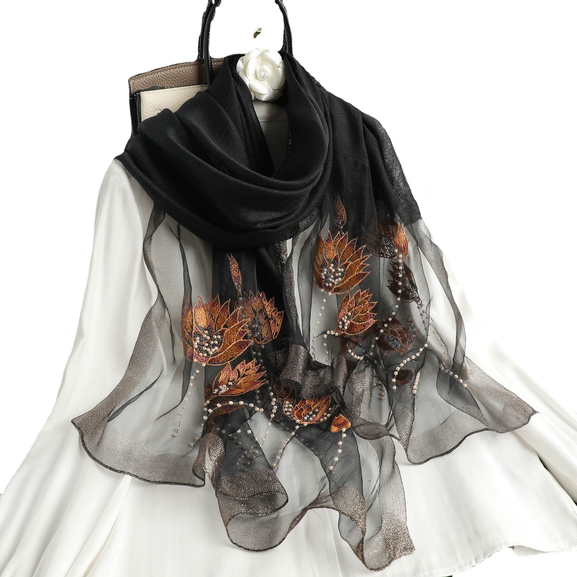 Silk scarf handmade, with embroidery, thin weaving