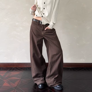 美式复古竖条纹刺绣设计感弯刀男女牛仔裤廓形宽松直筒微喇长裤潮
