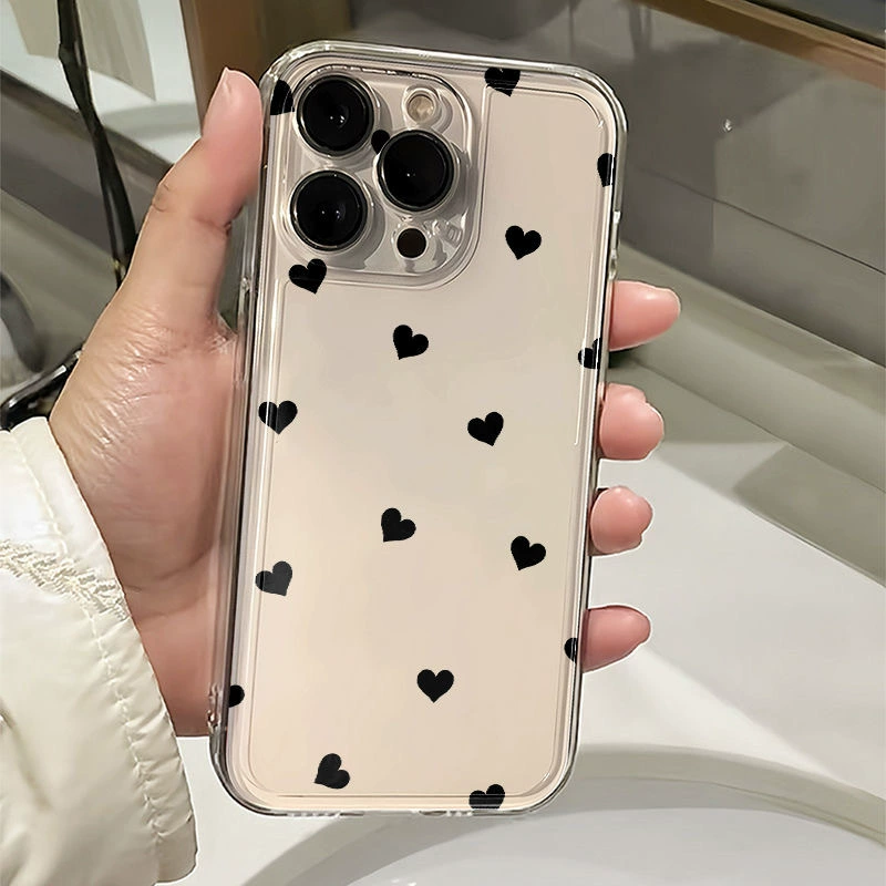 Чехол для телефона (Apple) iPhone 12–17 серия, прозрачная задняя панель с чёрными сердечками