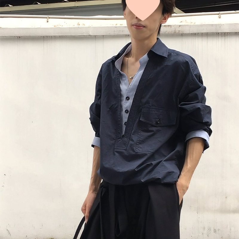 藏青色假两件v领衬衫男美式老钱风穿搭长袖衬衣cleanfit工装外套|undefined