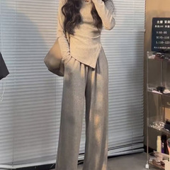 不规则纯色修身上衣女时尚百搭套装女春秋高腰阔腿长裤休闲两件套
