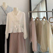 欧玛莱 V领荷叶边下摆绑带纯色套头长袖衬衫上衣温柔甜美风女2215