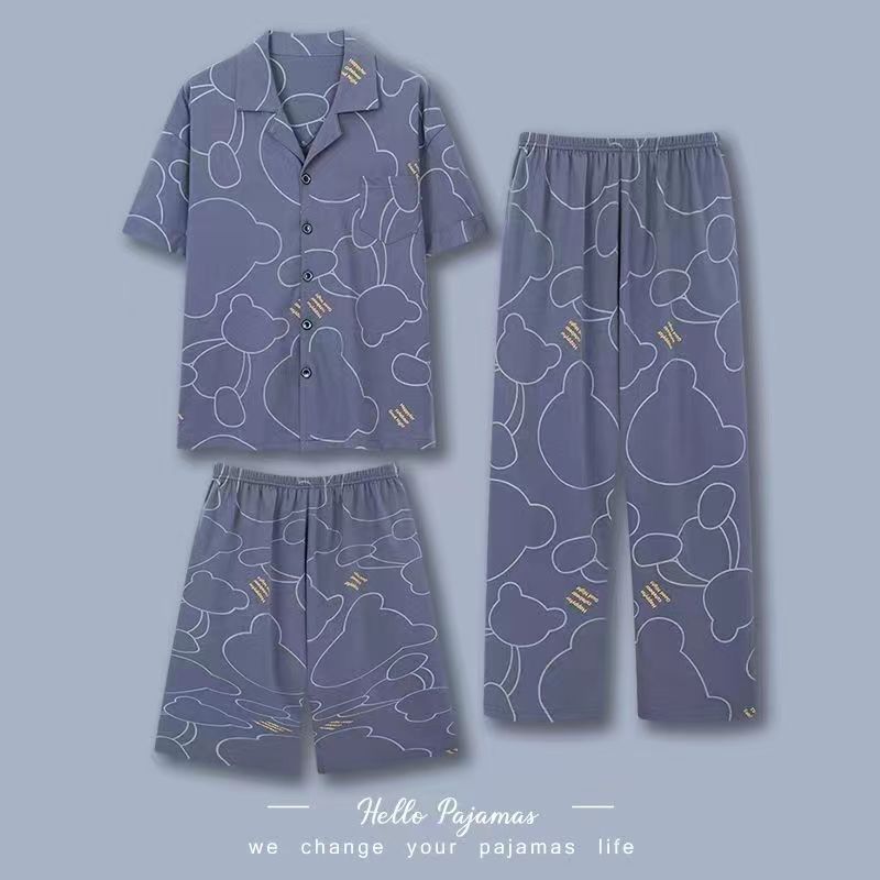 Pajamas de hombre de algodón de tres piezas, pantalones largos de manga corta de verano, ropa casera para hombres, set delgado casual