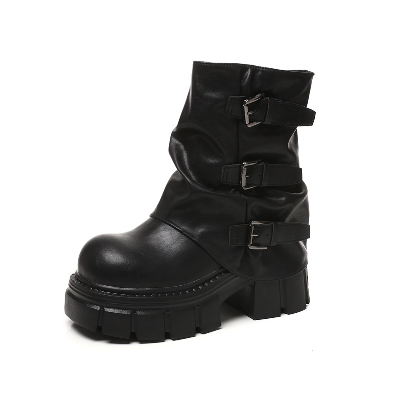 Boot nữ cổ ngắn đế dày tăng chiều cao gót 9 cm phong cách retro — nhung đen