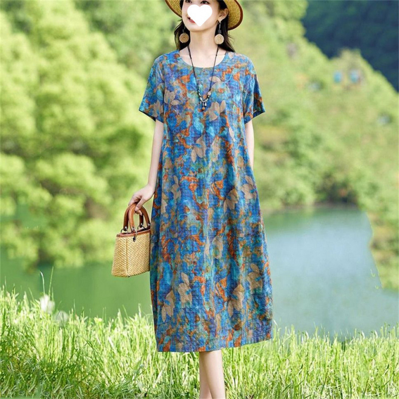 高级感棉麻连衣裙女夏新款时尚中老年妈妈气质宽松遮肚休闲直筒裙|undefined