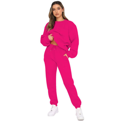 Women's Solid Color Round Neck Long Pants Set for Autumn and Winter, Fashion Casual Long Sleeve Hoodie Set, New Arrival
