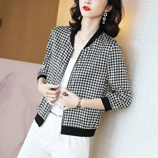 Foreign Trade Houndstooth Printed Short Jacket New Summer Large Size Top Chiffon Baseball Sun Protection Clothing Middle-Aged and Elderly Women's Clothing