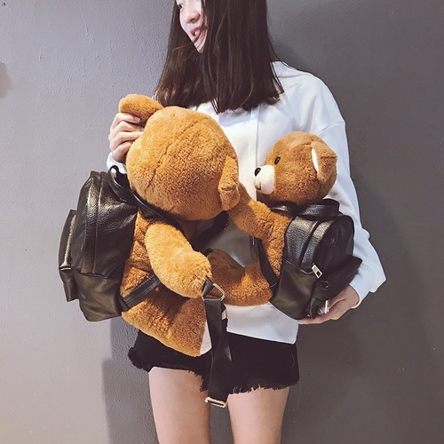 Bags 2023 New Trendy Cute Backpack Women's Plush Motorcycle Bear Backpack Animal Doll College Style School Bag