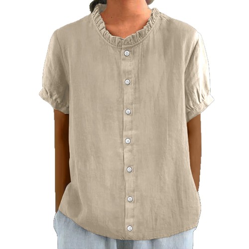 Summer Collar-Neck Button-Decorated Floral Pure Color Short-Sleeve T-Shirt Top for Women