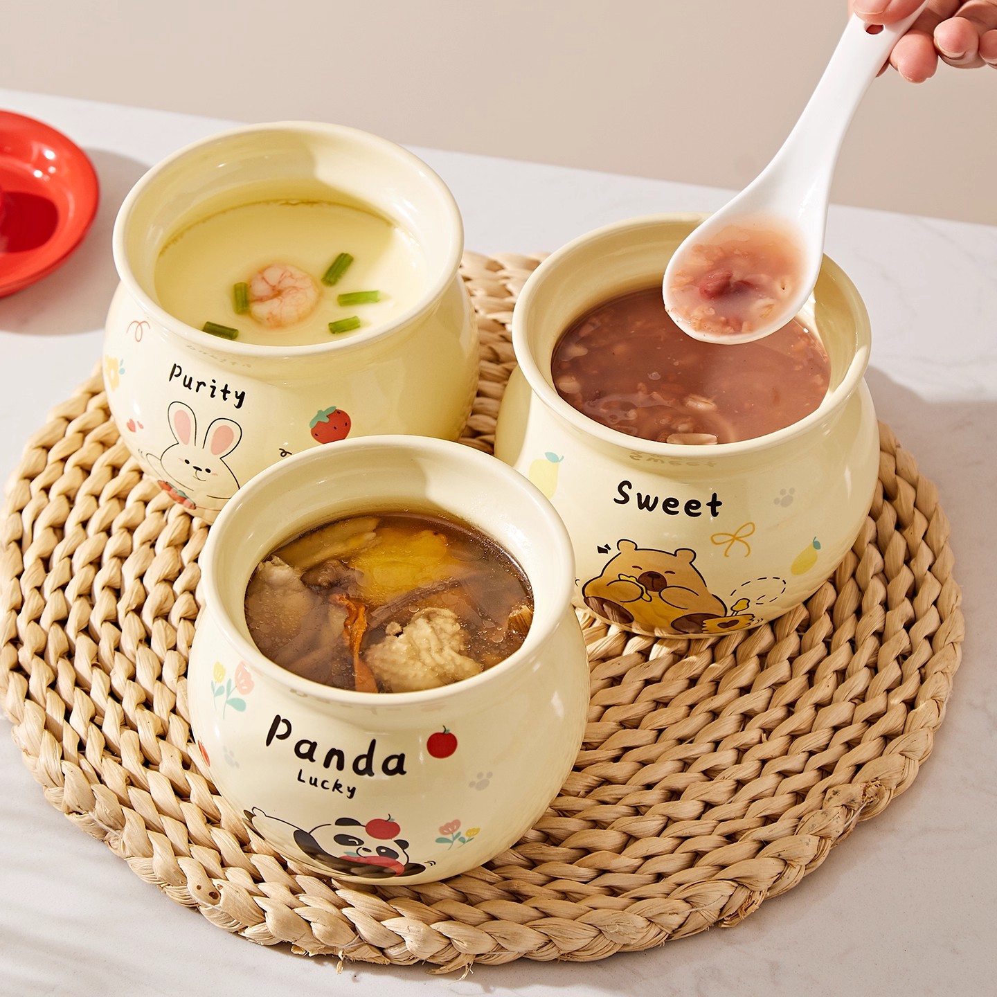 Ceramic Stew Pot with Lid, Ceramic Soup Cup, Steaming Cup, Steamed Egg Custard, Steamed Egg Bowl, Special Bowl, Household Baby Food Supplement Tableware