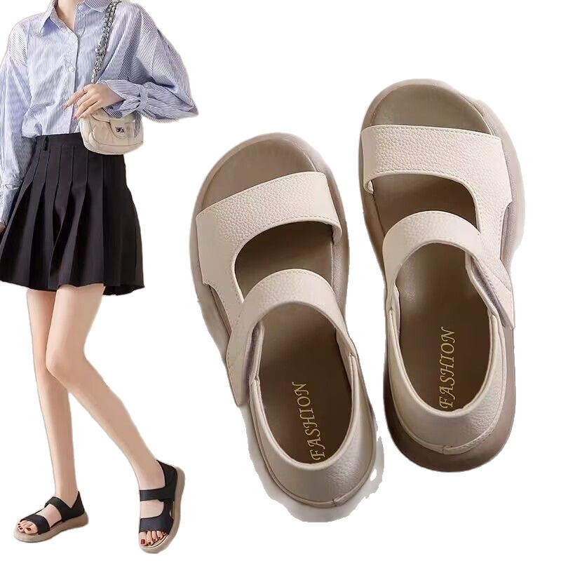 Bolsillo de tacones sandalias para mujeres 2026 nuevo cuero con una sola gruesa dos zapatos romanos velcro zapatos casuales de tamaño pequeño