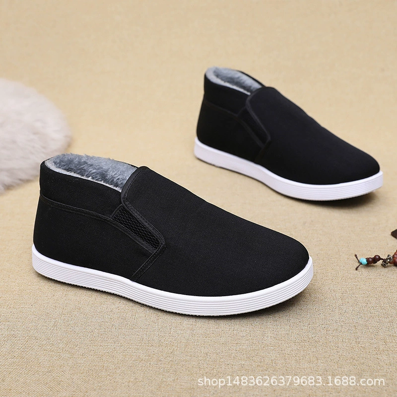 Высокие мужские ботинки из утолщенной старой пекинской ткани на флисовой подкладке, теплые нескользящие рабочие хлопчатобумажные туфли без шнуровки.