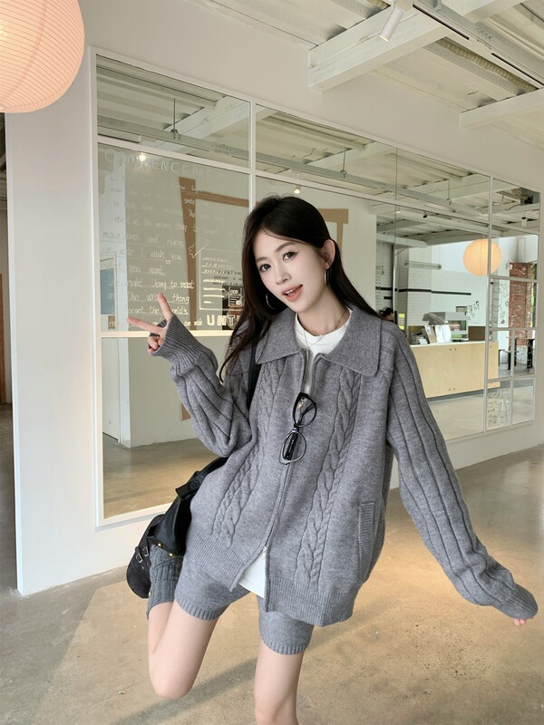 双拉链复古麻花翻领毛衣外套女秋季慵懒风套装针织直筒短裤两件套|undefined