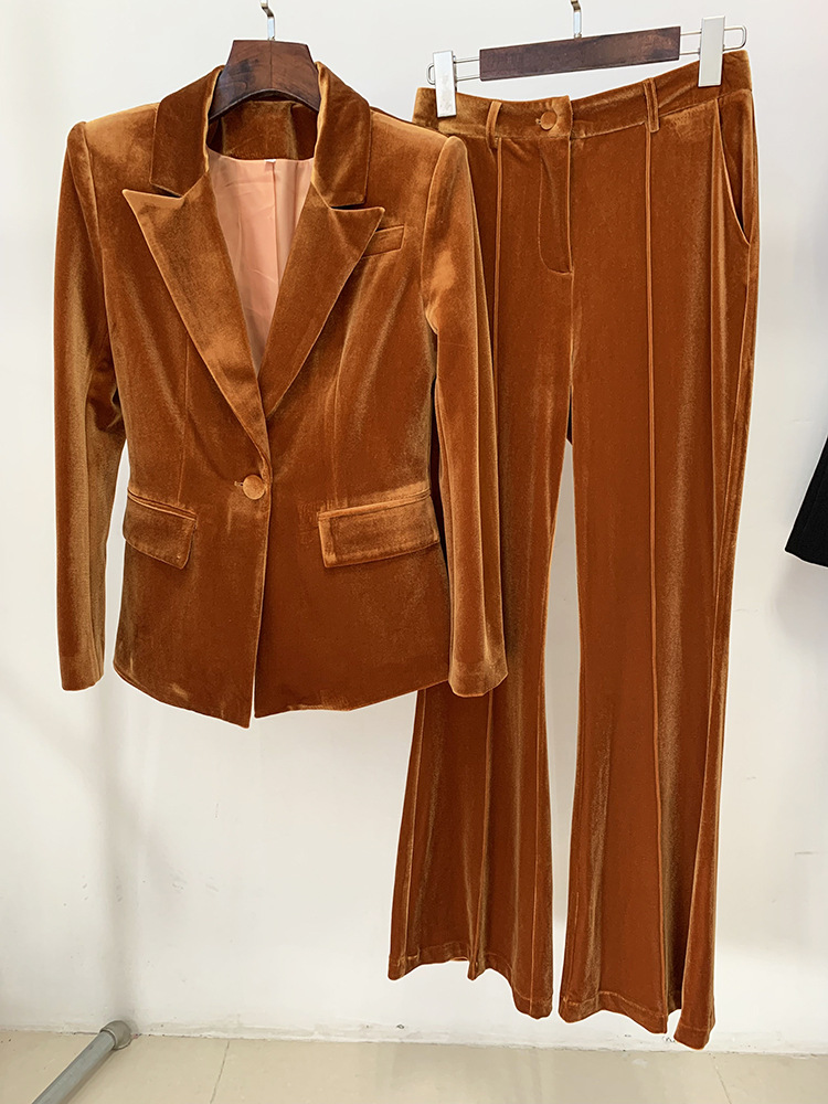 Women's Clothing Autumn And Winter Professional Fashion One Button Gold Velvet Suit Jacket Flared Pants Suit Two Piece Set_voghion.com