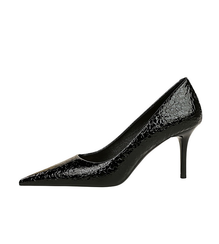 Stone patent leather women's high heels with pointed points_voghion.com