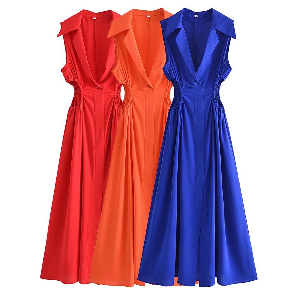 solid color lapel sleeveless waist digging slim long dress NSAM127388