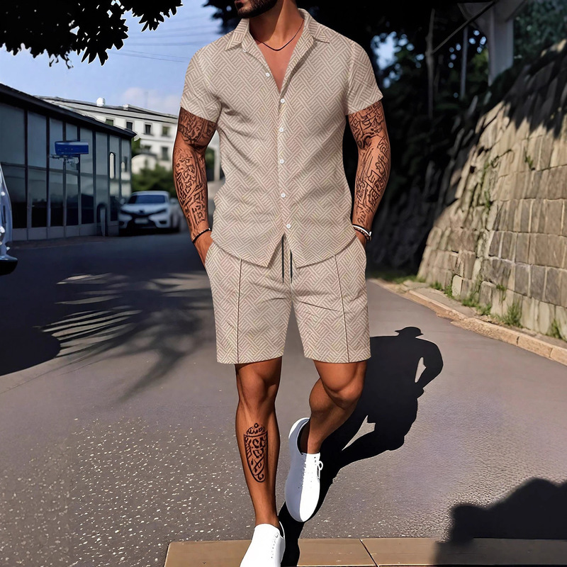 Cross-Border European Size New Fashion Digital Print Checkered Cardigan Shirt + Drawstring Shorts Casual Men's Set