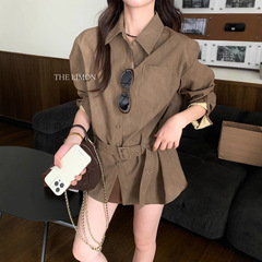 THE LIMON柠檬绿茶秋季高级感单排扣收腰翻领长袖衬衫女(配腰带)