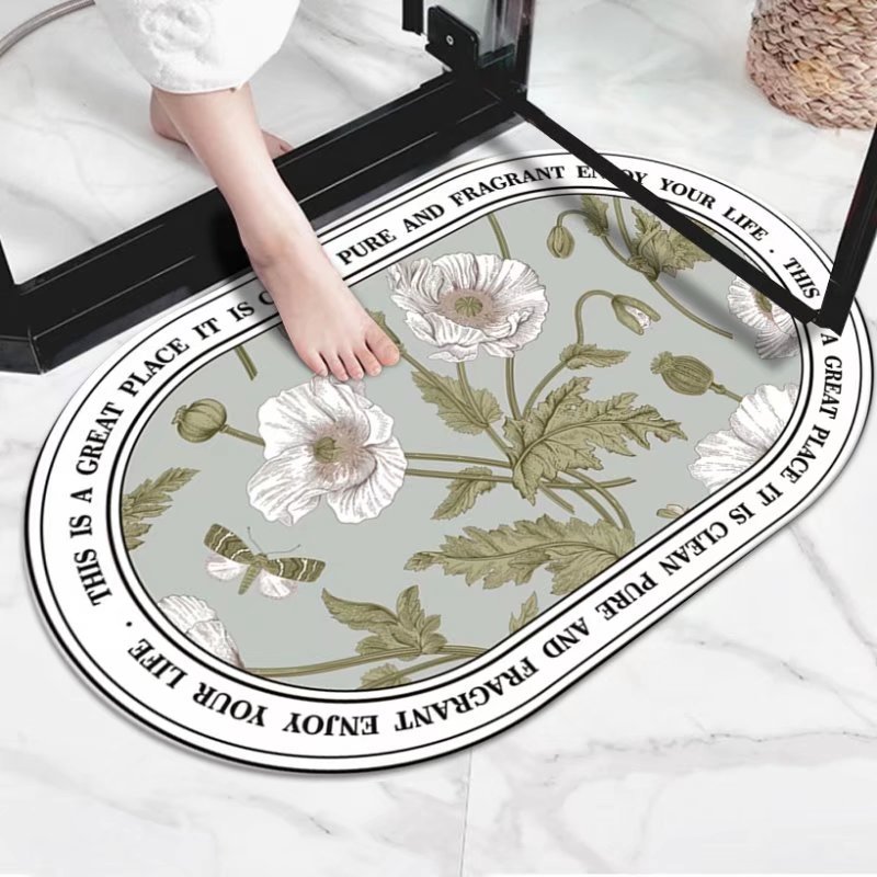 Pastoral al por mayor de flores y plantas de barro de diatomeas estera suave estera absorbente alfombra de baño ovalada alfombra de piso antideslizante alfombra de puerta absorbente