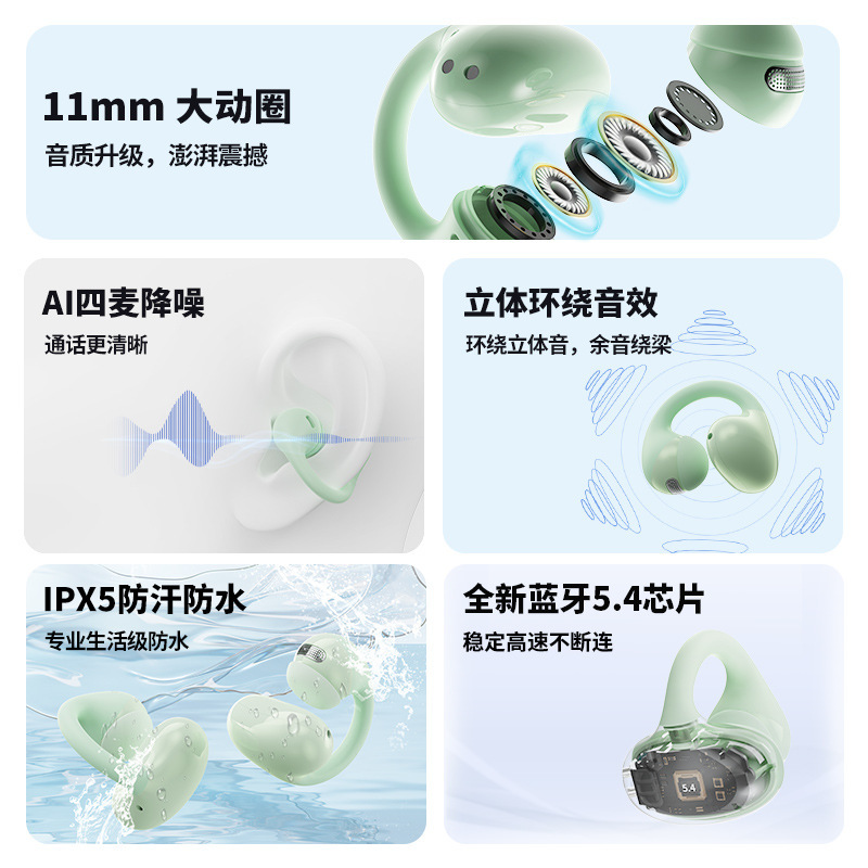 新しい発光流砂 AI アクティブ ノイズ リダクション オープン イヤー トゥルー ワイヤレス 長いバッテリー寿命 e スポーツ クリップオン Bluetooth ヘッドセット|undefined