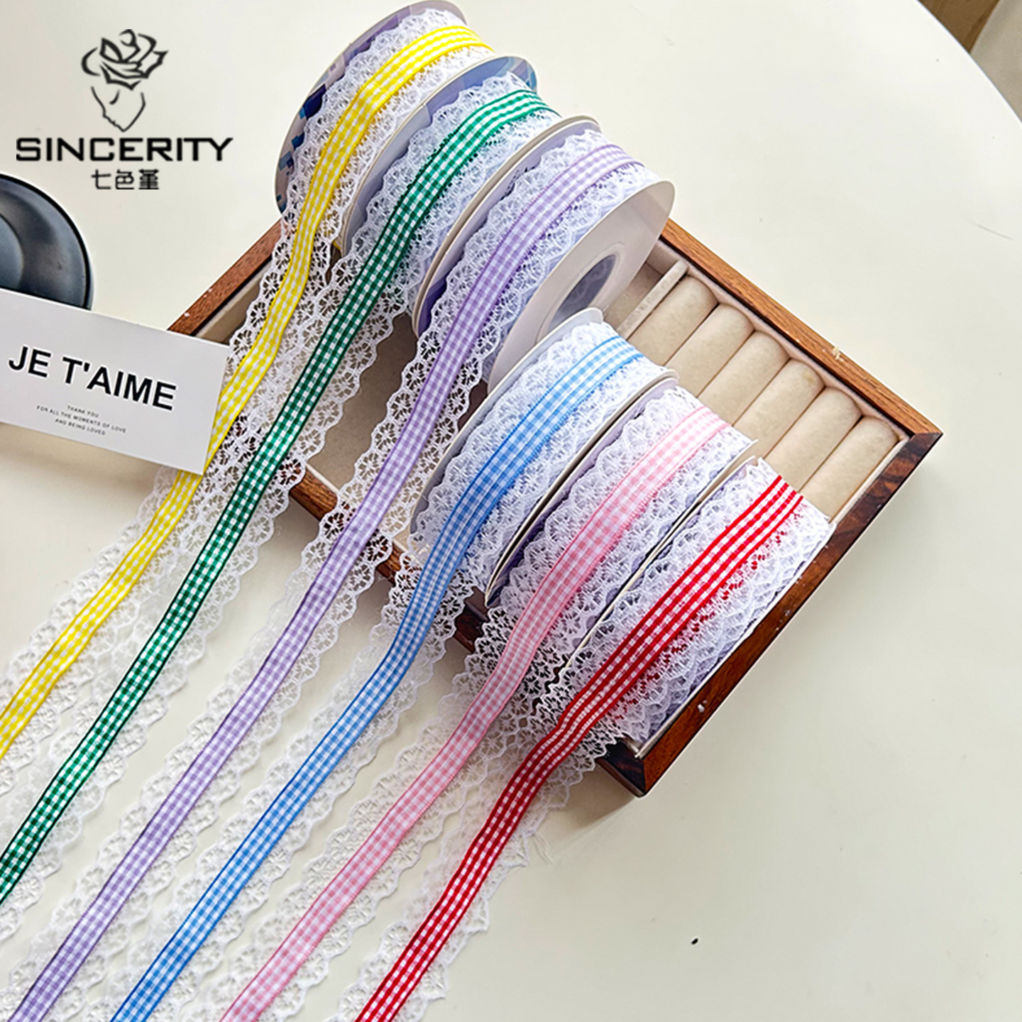 Siete colores, encaje de estilo británico, cinta de celosía, paquete de ramo, cinta de raso, paquete de flores, cinta de bricolaje, embalaje de material