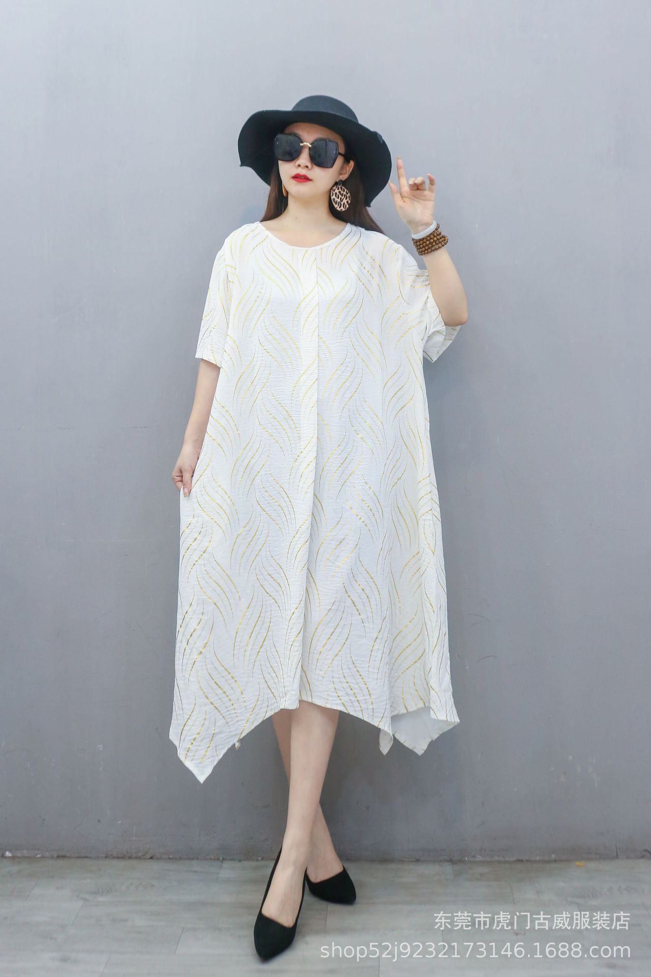 Comercio exterior transfronterizo vestido de gran tamaño suelto literatura de verano vestido irregular cuello redondo mangas cortas vestido de mujer gorda de edad media image 6