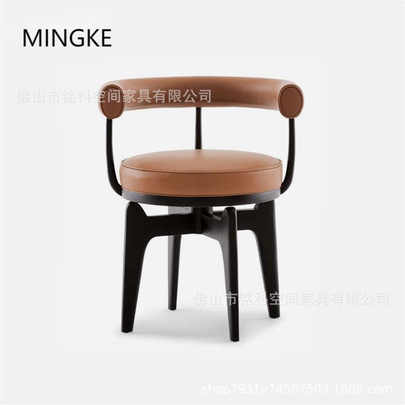 Nordic simple living room dining chair solid wood single leather rotating armchair light luxury reception chair home armrest chair